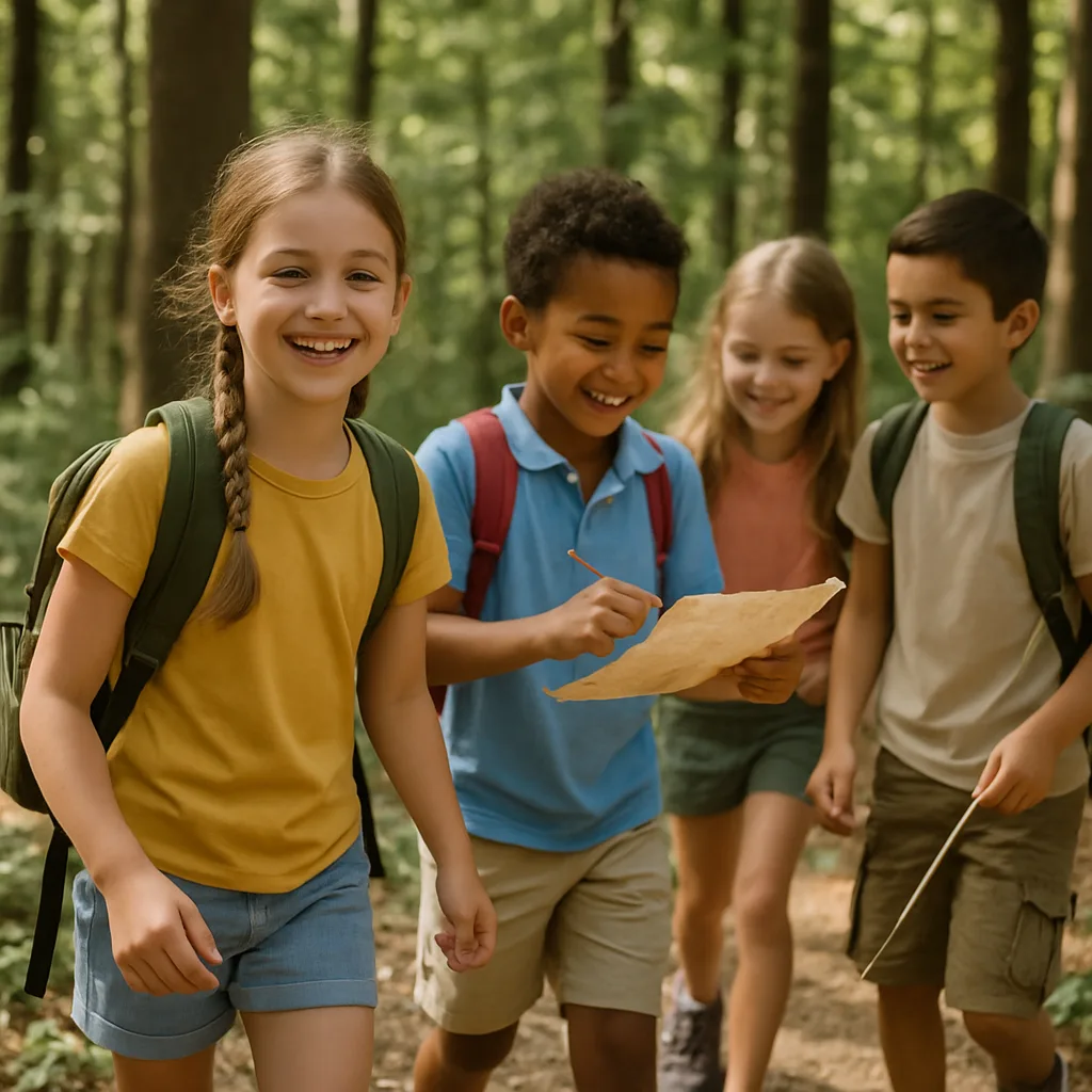Bambini in caccia al tesoro nel bosco