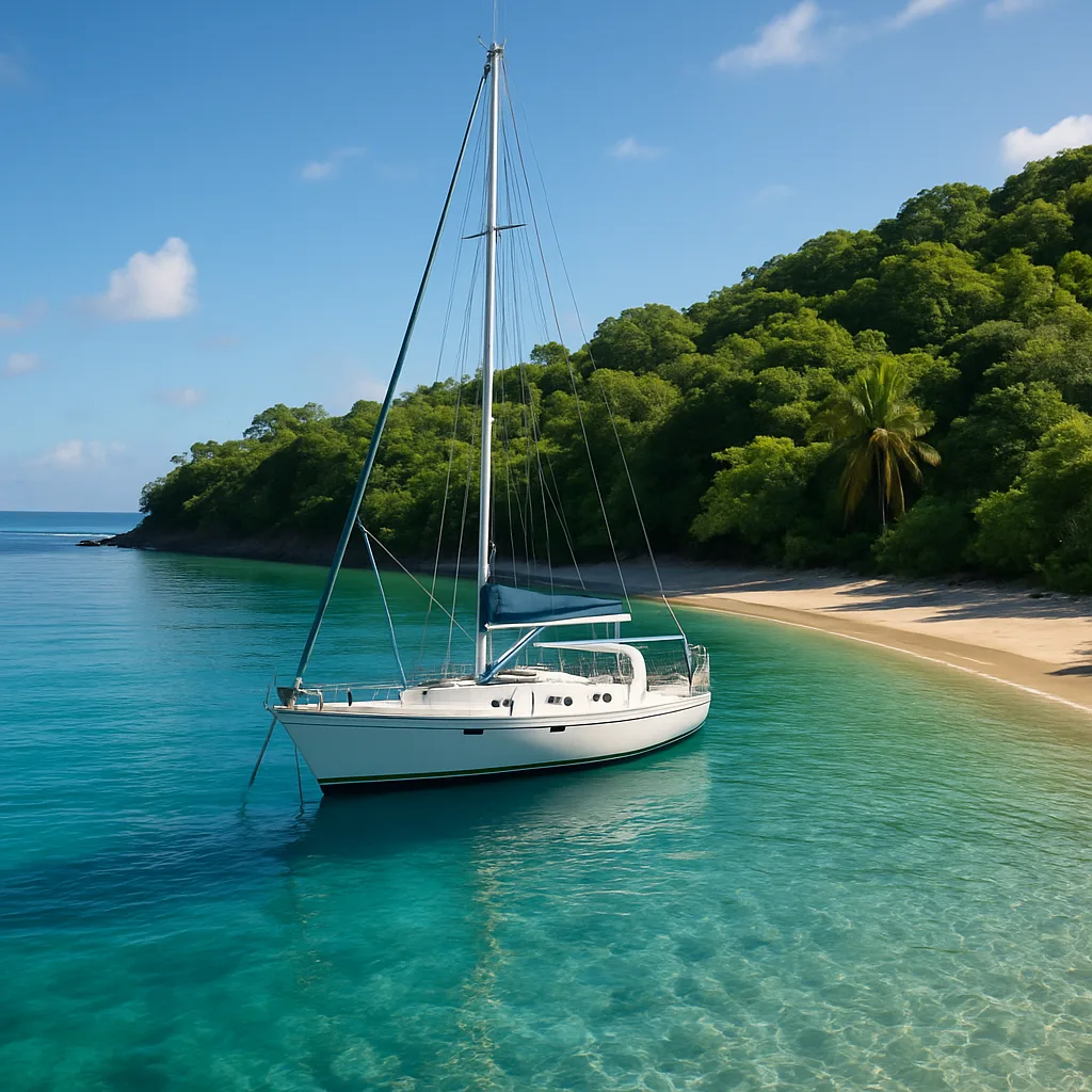 Barca a vela ancorata in una baia caraibica isolata.