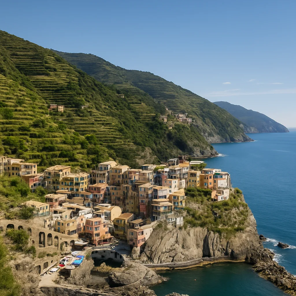 Cinque Terre coastline with colorful villages and terraced vineyards.
