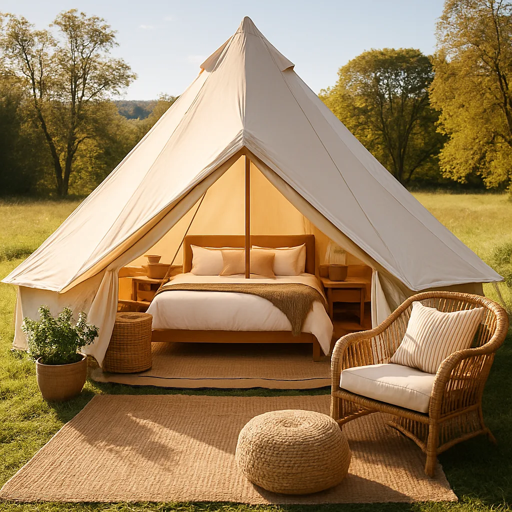 Glamping tent in a scenic meadow with luxurious furnishings.