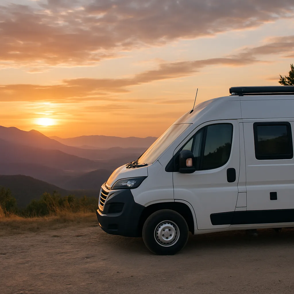 Camper van at a scenic overlook with mountains and sunset.