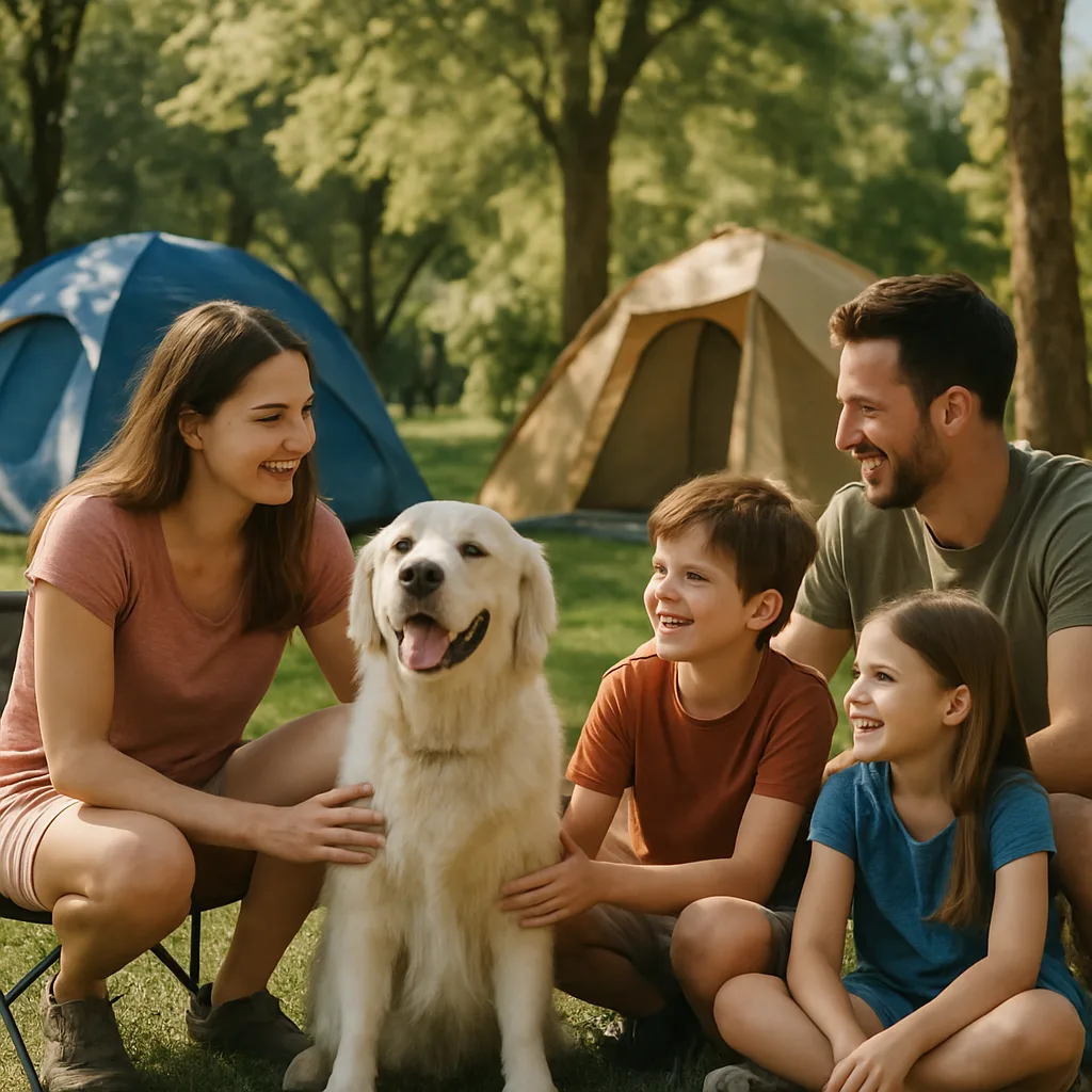 Famiglia con cane in campeggio pet-friendly in Italia