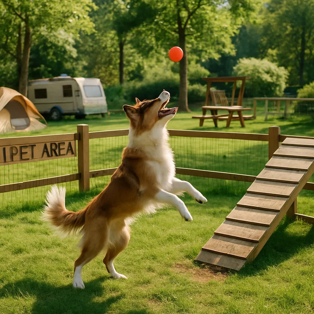 Cane che gioca in un'area pet-friendly del campeggio