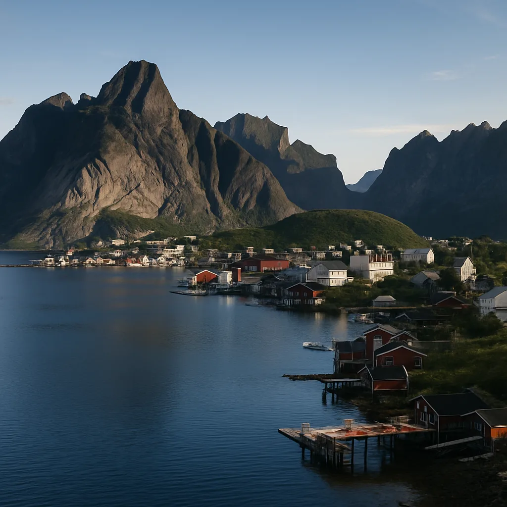 Lofoten Islands panoramic view with mountains and village