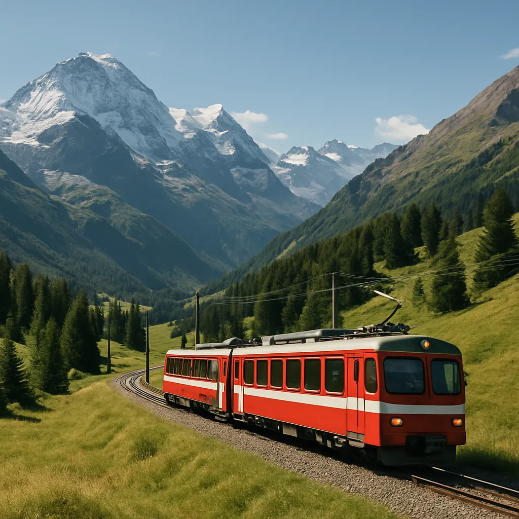 Panoramic view of Swiss Alps with train