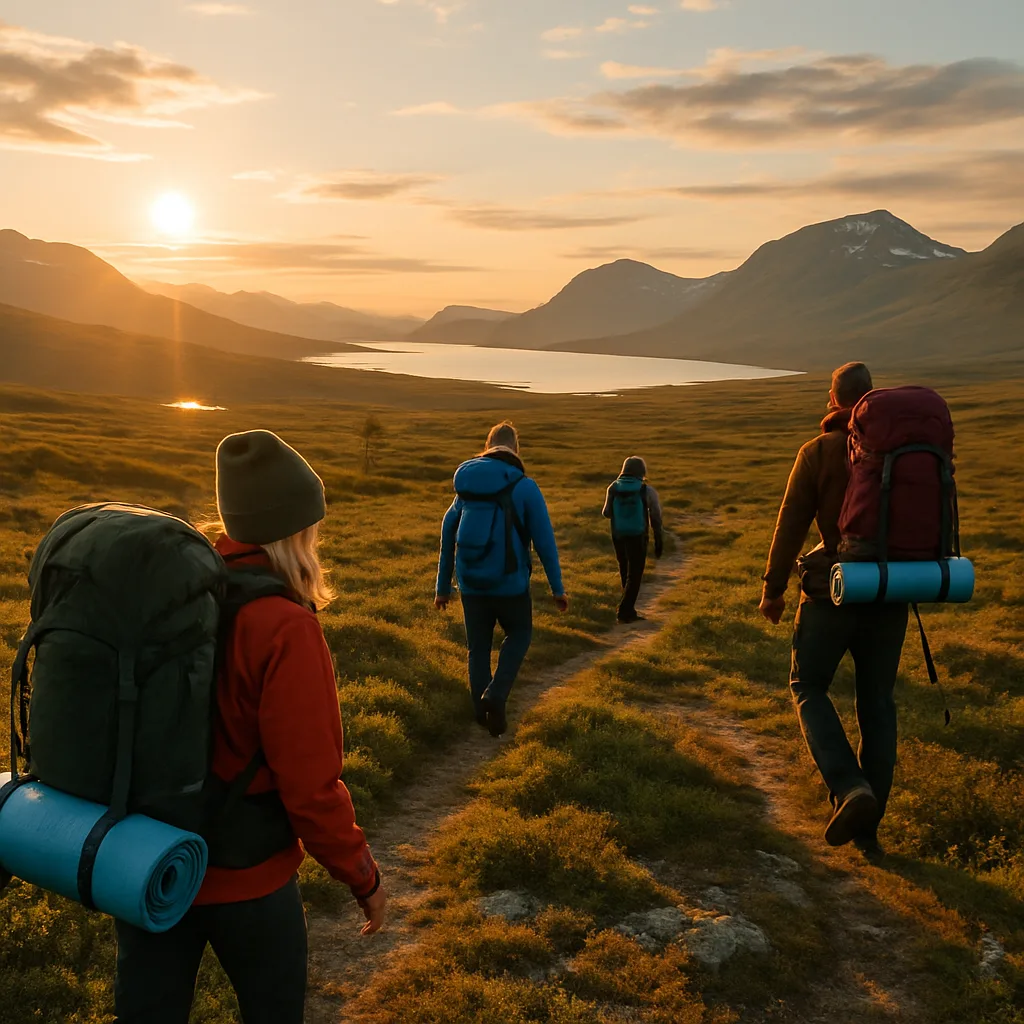 Trekking in the Nordic wilderness under the midnight sun.