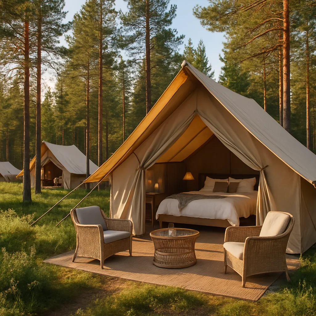 Luxury glamping tents in a Nordic forest during summer.