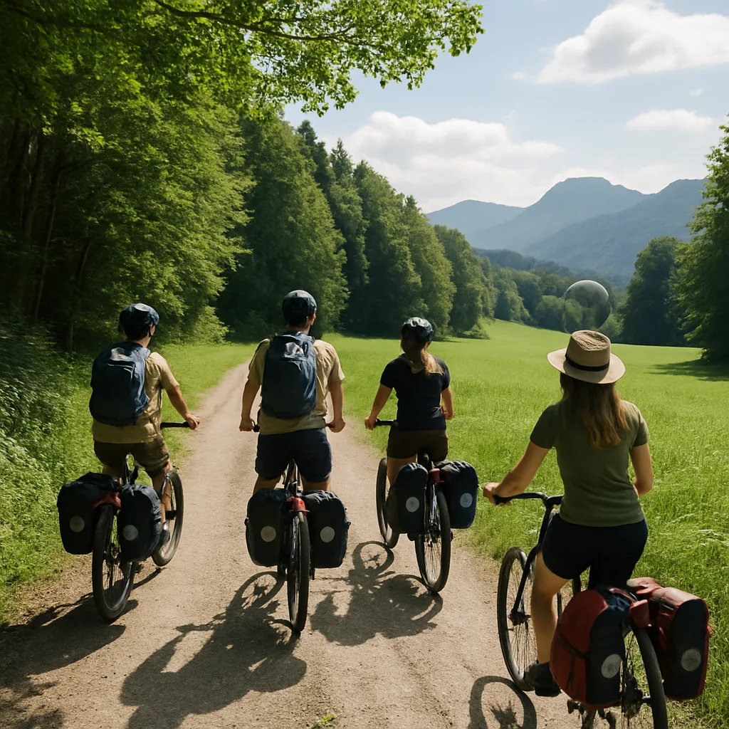 Turisti in bicicletta nella natura per un viaggio eco-sostenibile.